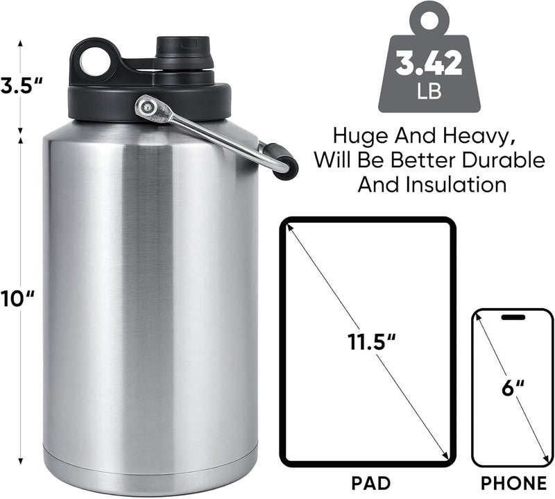 Kerilyn Insulated Gallon Jug with Handle, One Gallon, 128 Ounces, Stainless Steel, Large Double Vacuum Water Bottle for Hot & Cold Drinks, Wide Mouth, Sweat Proof, Great for Travel, Camping - Image 2